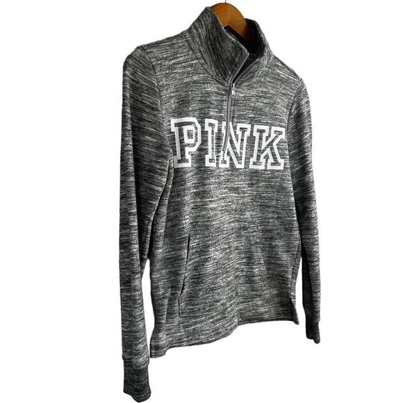 PINK Victoria's Secret Sweatshirt 1/4 Zip Pullover Spell Out Long Sleeve Gray XS - Picture 2 of 5